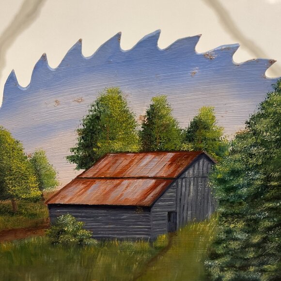 Vintage Folk Art Hand-Painted 9" Circular Saw Blade with Donkey & Old Barn - Picture 4 of 6